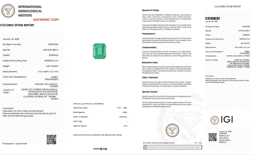 International Gemological Institute (IGI) colored stone report with a green gemstone illustration.