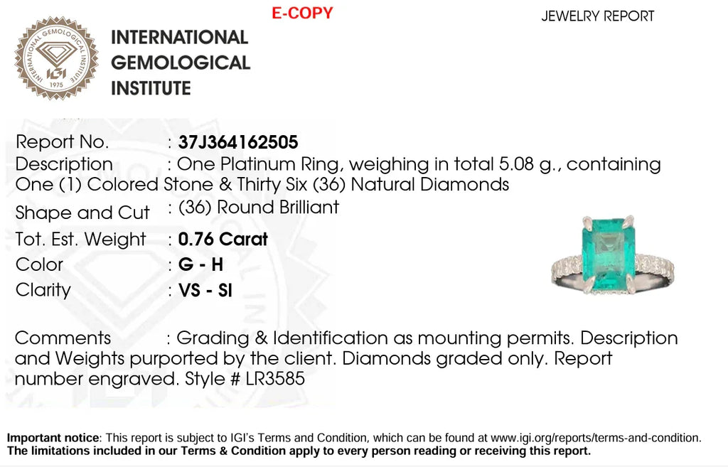 Jewelry report from the International Gemological Institute with diamond ring illustration.