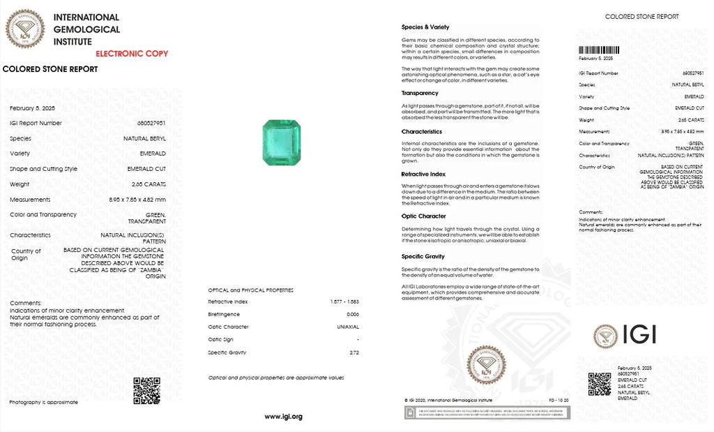 Colored stone report with an emerald on a white background