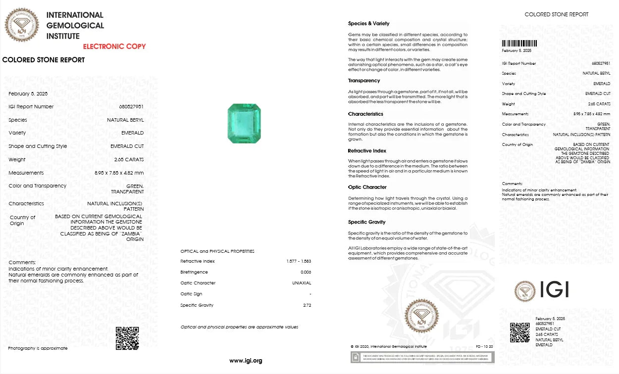 Colored stone report with an emerald on a white background