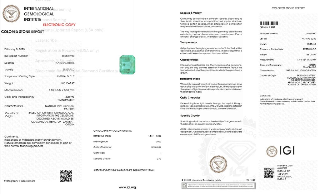 International Gemological Institute (IGI) colored stone report with a green gemstone illustration.