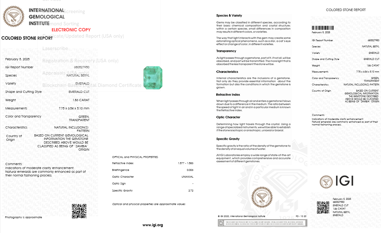 1.86ct Emerald-Cut Emerald Ring in Platinum with 0.62ct Diamond Accents – IGI Certified