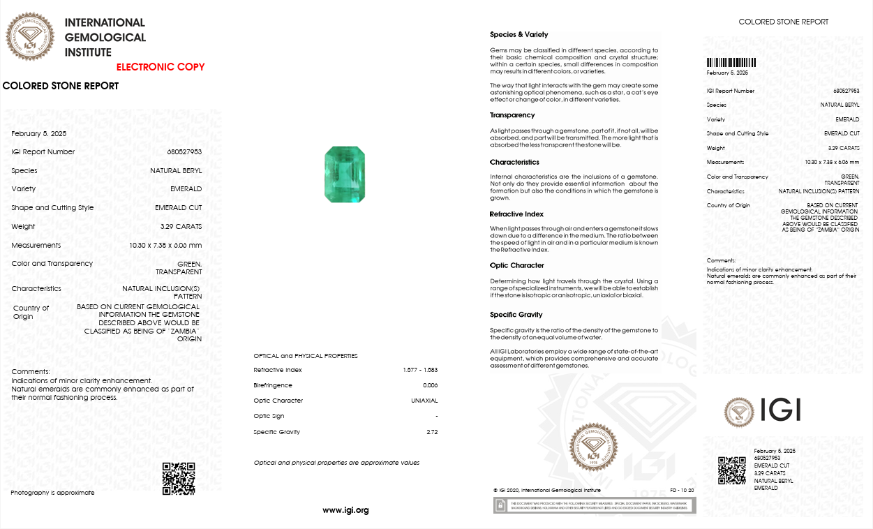 IGI Certified 3.29 Carat Natural Emerald – Emerald Cut Green Gemstone from Zambia