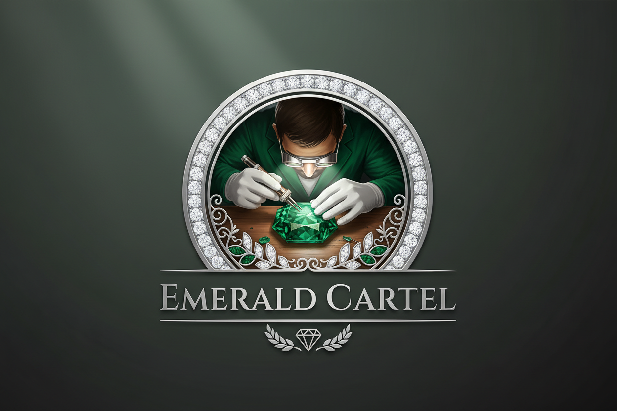 generate emerald cartel logo with a jeweler working on emerald stone fauceting