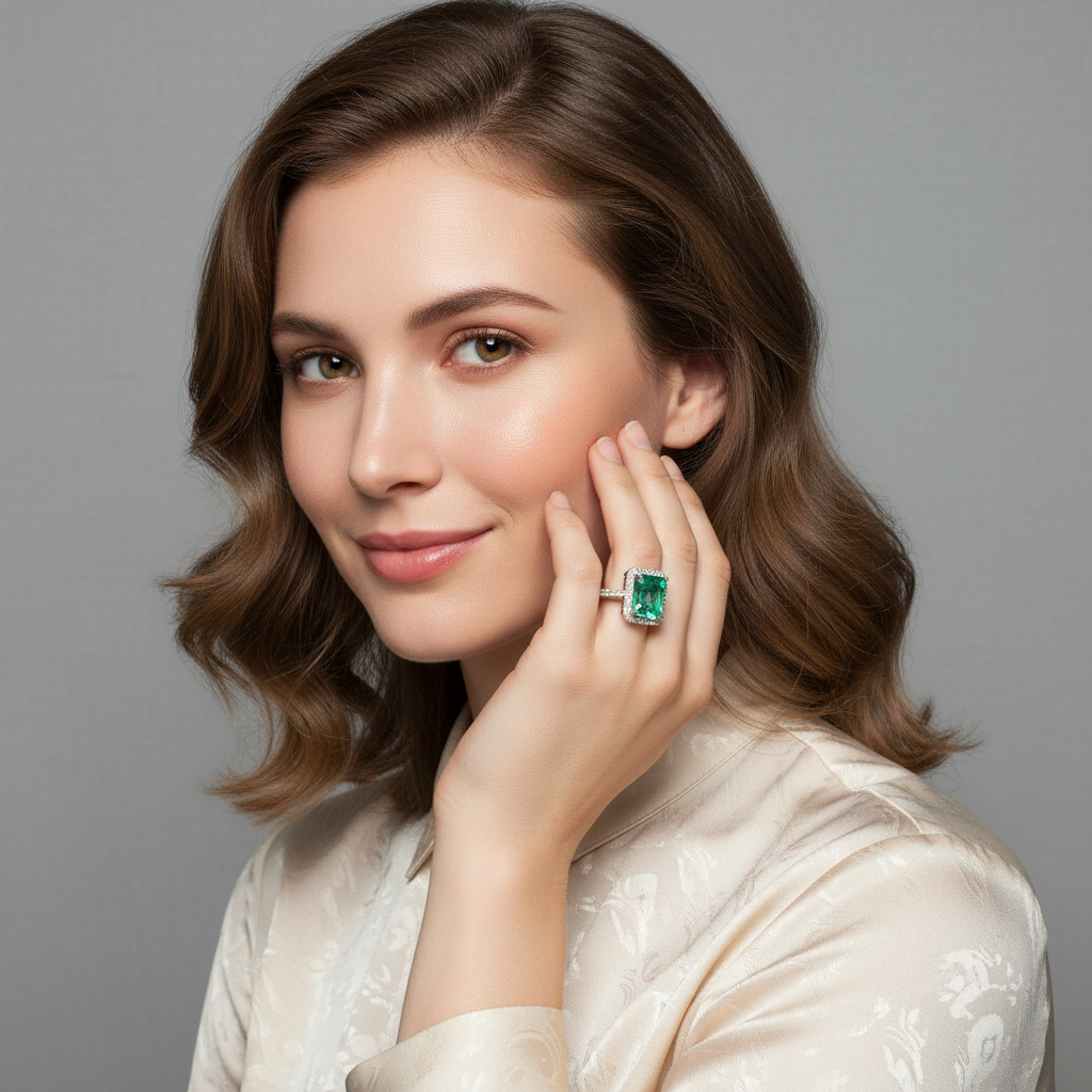 Model portrait with Platinum Emerald & Diamond Ring